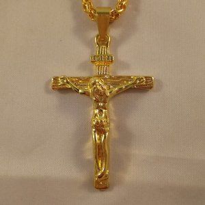 Mens Gold Stainless Steel Jesus Crucifix Cross Pendant Wheat Chain Necklace